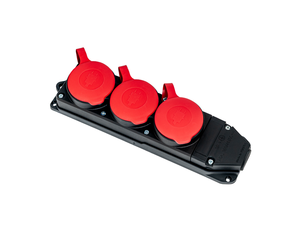 3 lü Trifaze Priz, Grup, 3x25A, IP55, Sanayi Tip, Siyah/Kırmızı