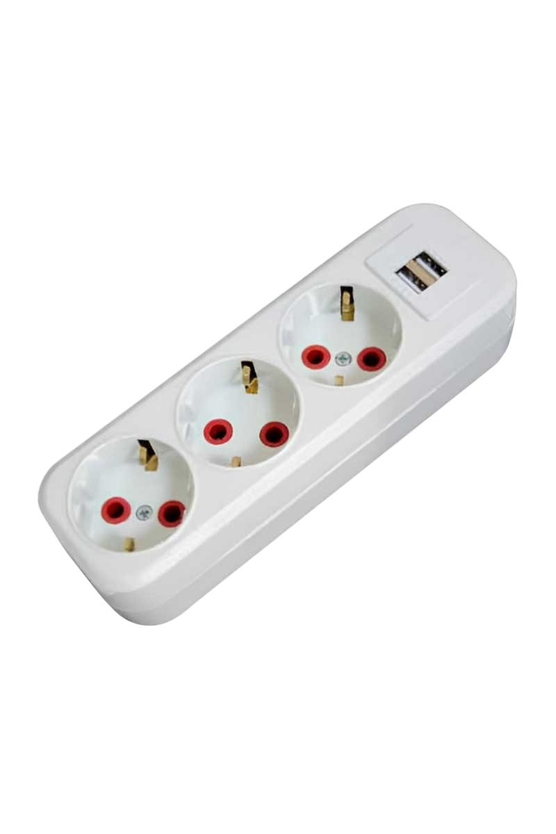 3 lü Priz USB'li, Düz, Topraklı, 2p+E, Beyaz, Kablosuz