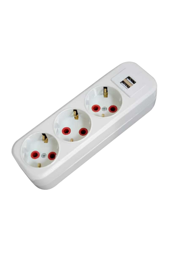 3 lü Priz USB'li, Düz, Topraklı, 2p+E, Beyaz, Kablosuz