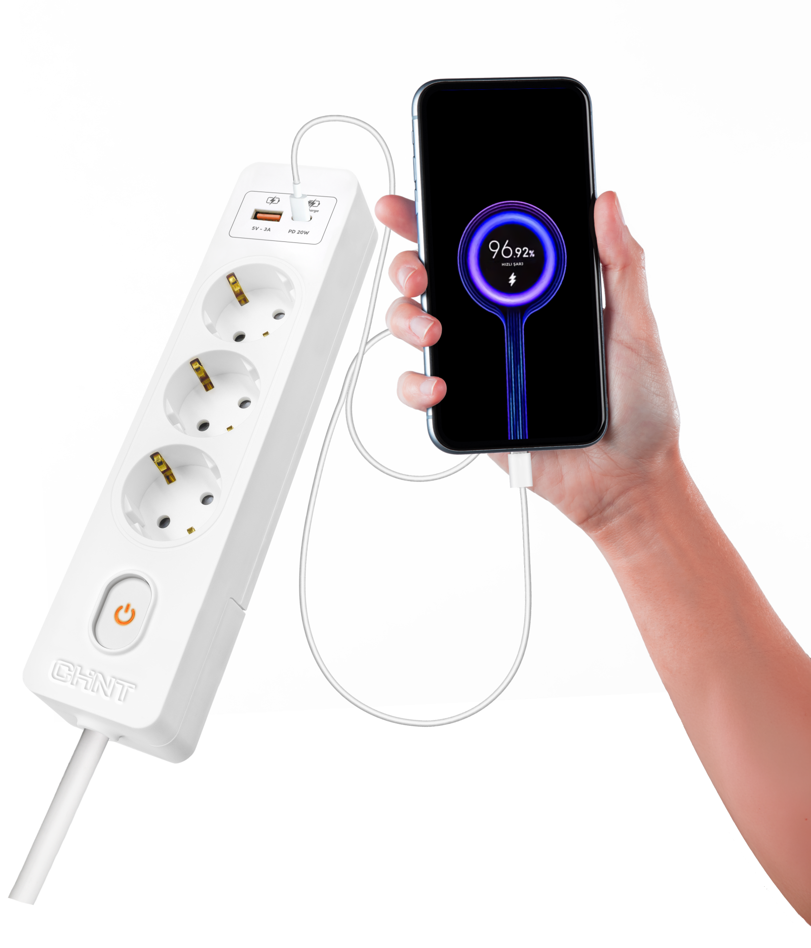 USB li 3lü Priz, Hızlı Şarj, Type C ve A, 3 Metre Kablolu