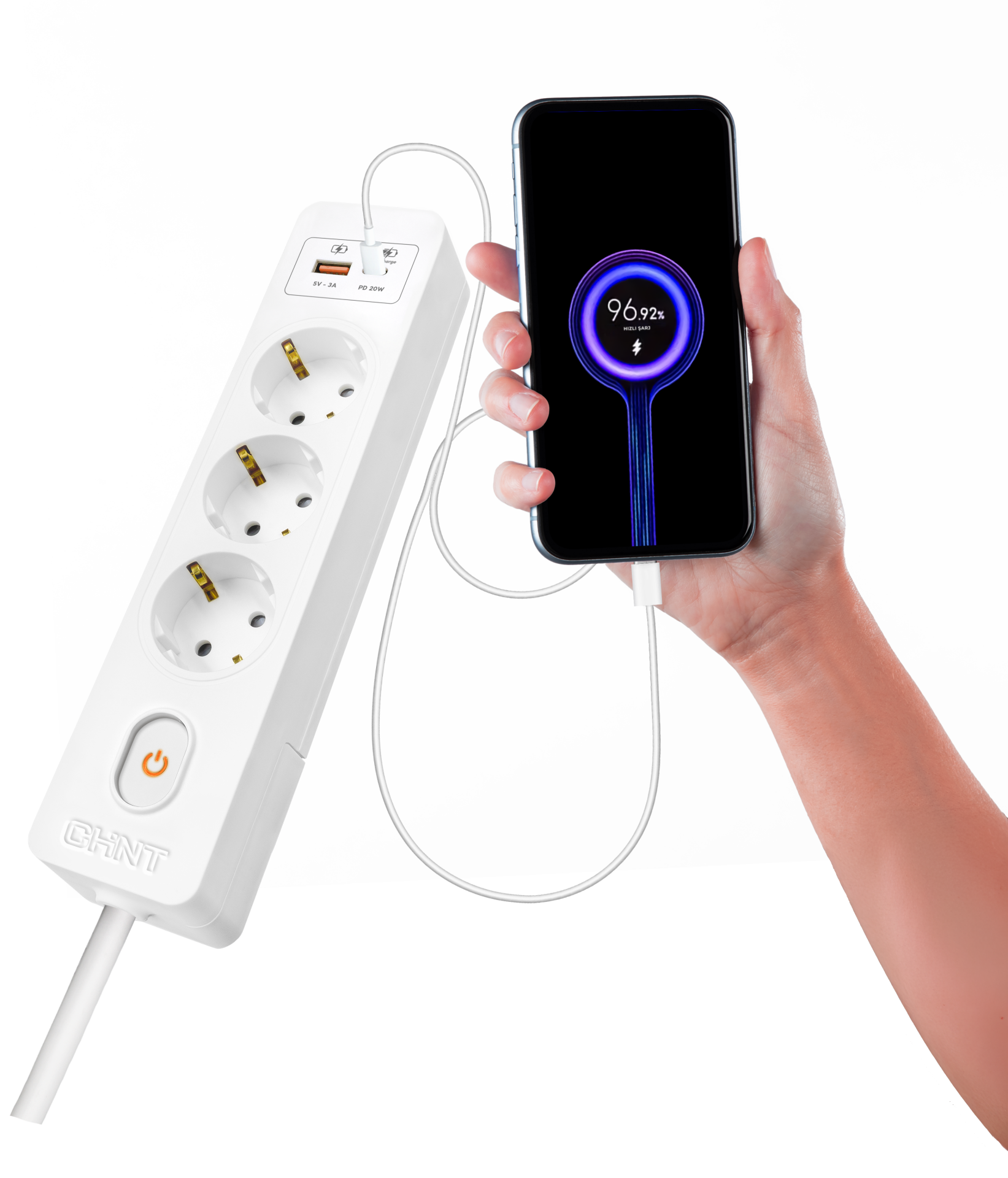 USB li 3lü Priz, Hızlı Şarj, Type C ve A, 3 Metre Kablolu
