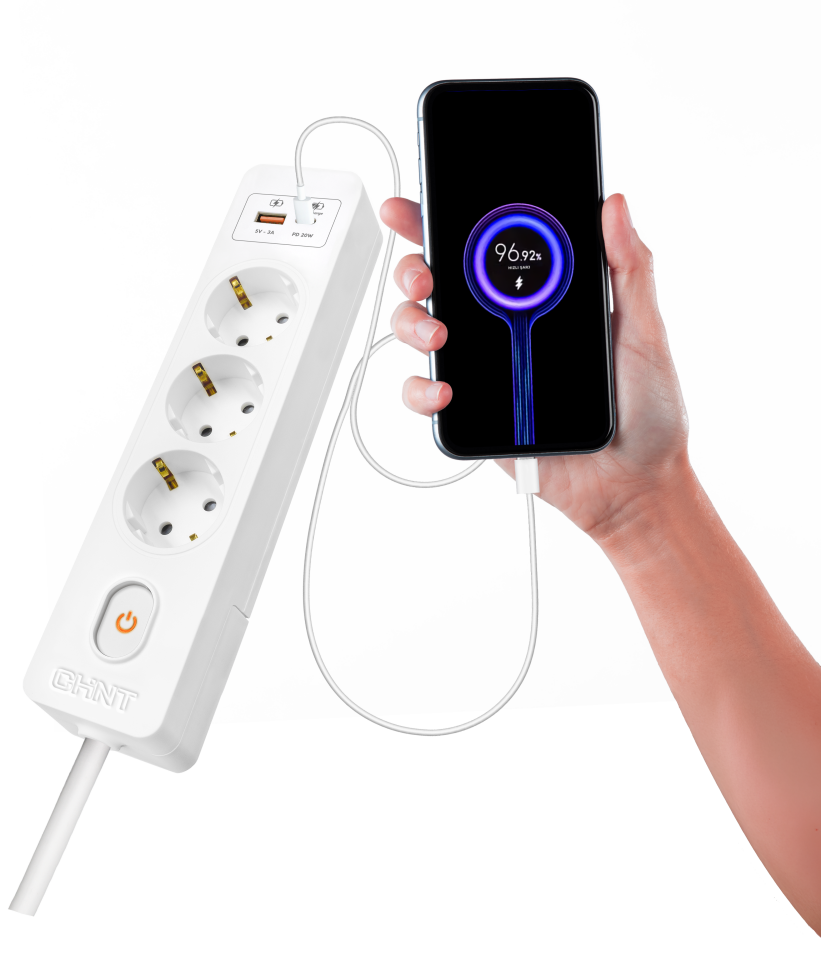 USB li 3lü Priz, Hızlı Şarj, Type C ve A, 3 Metre Kablolu